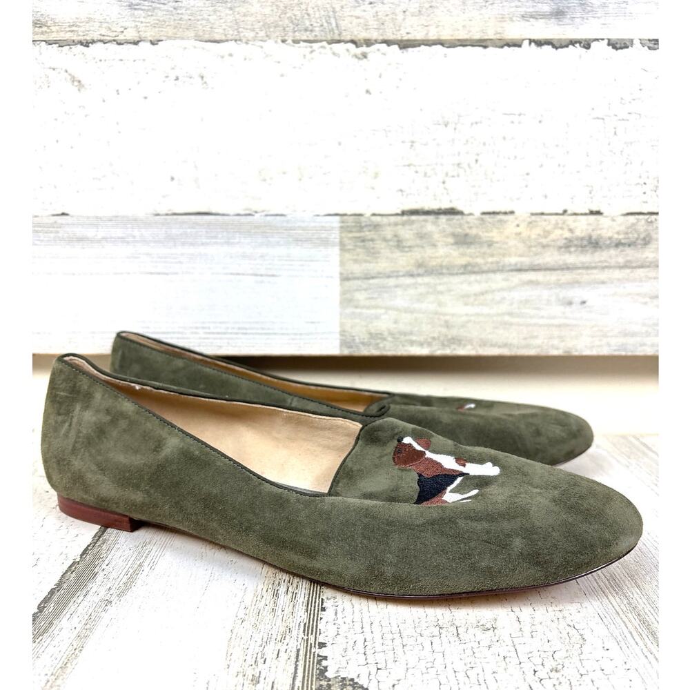 Talbots Womens 11 Green Suede Ryan Dog Embroidered Slip-On Loafers Flats Casual